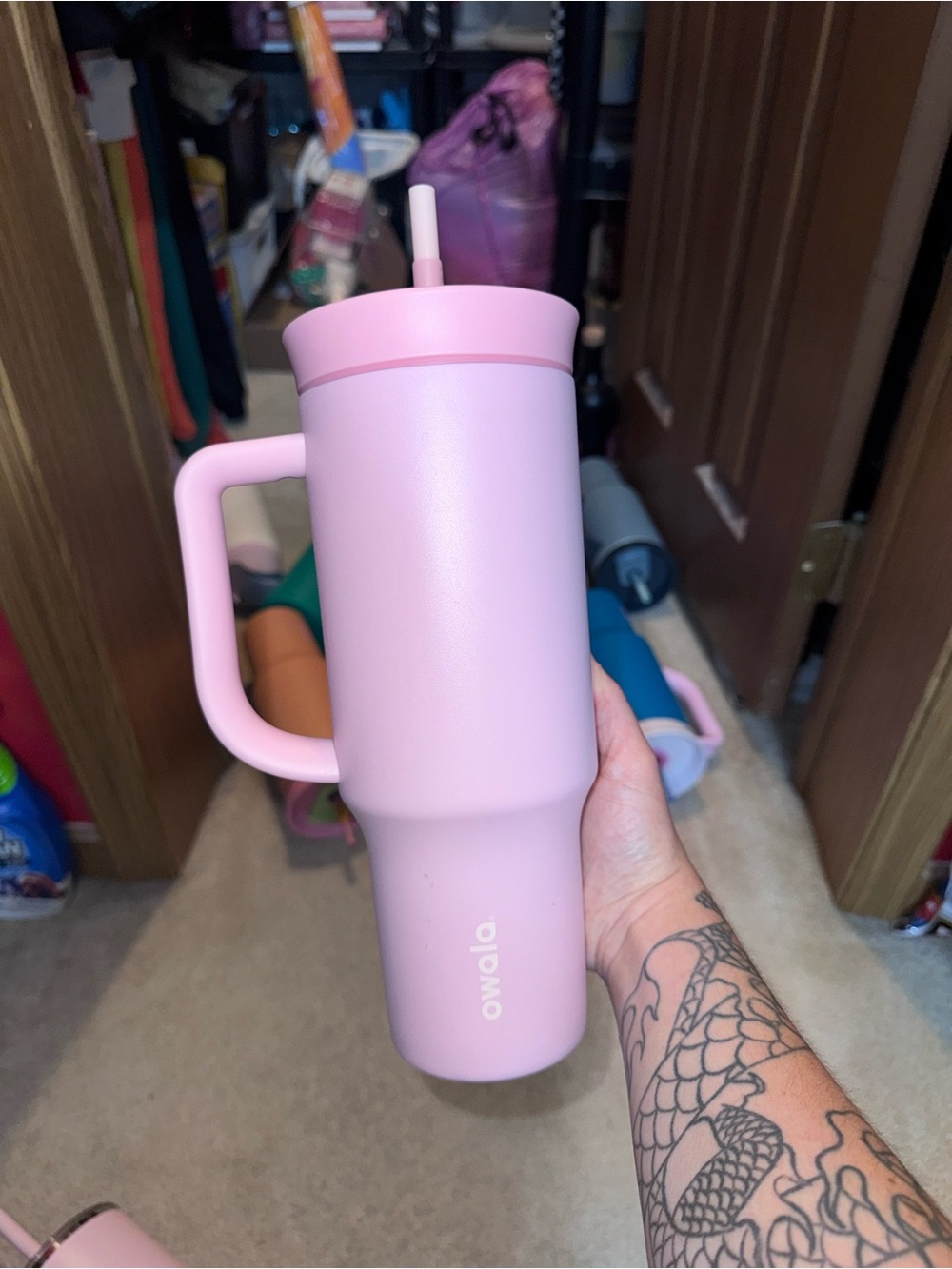 Owalo Pink Insulated Travel Tumbler with Handle and Straw